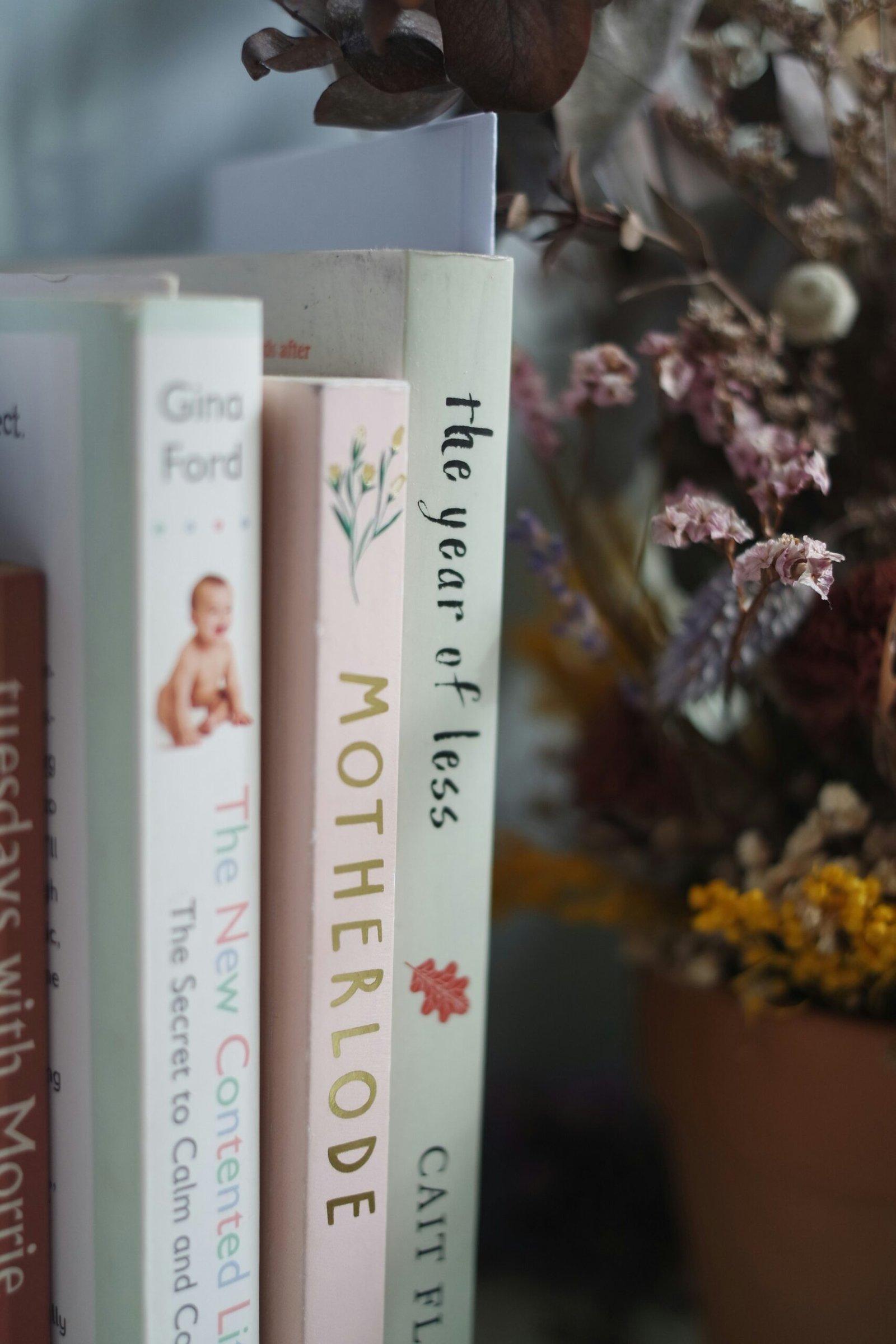 Book spines and flowers on a shelf in a quiet home